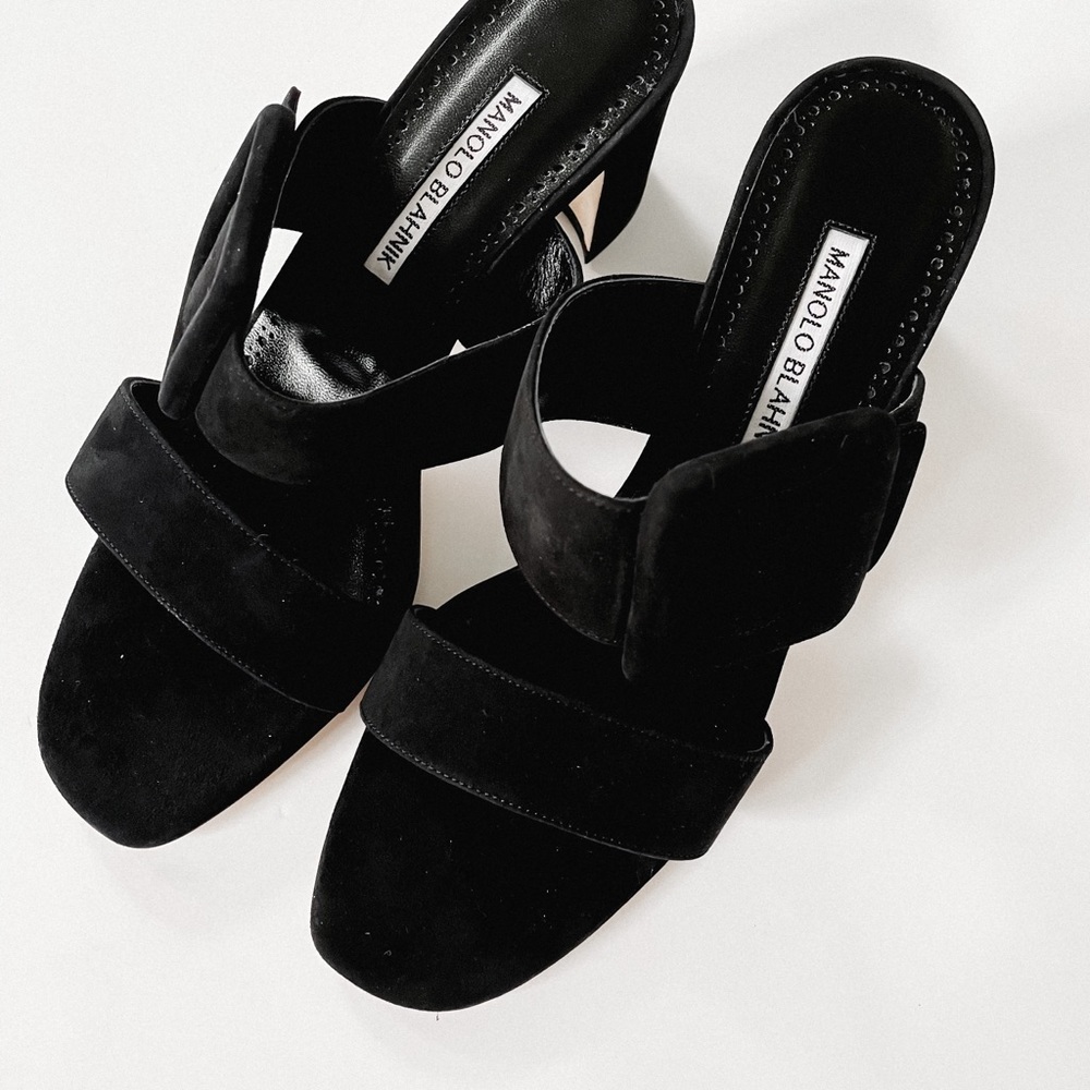 Manolo Blahnik Black Suede Buckle Block Heel Sandals - Picture 2 of 9